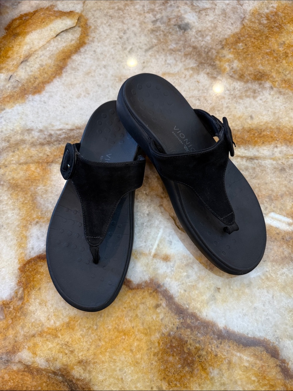 Vionic Black Suede Toe-Post Sandals with Buckle